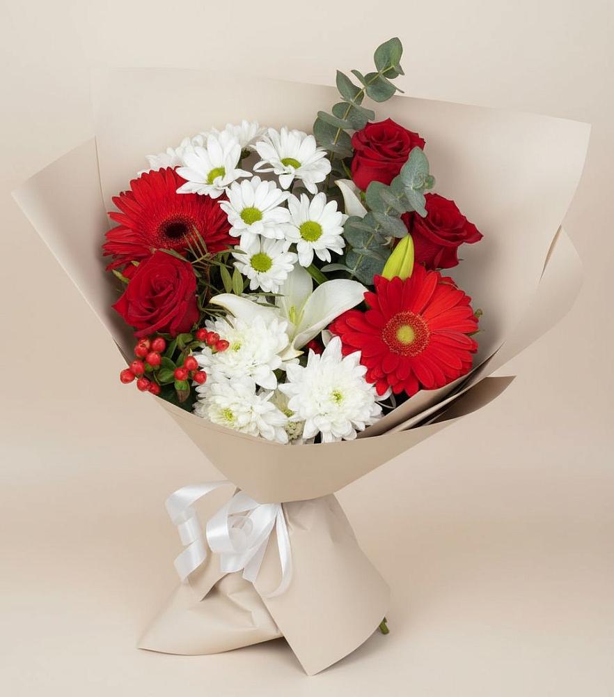 Букет цветов из: Розы, Хризантемы, Герберы и Лилии в Нефедово