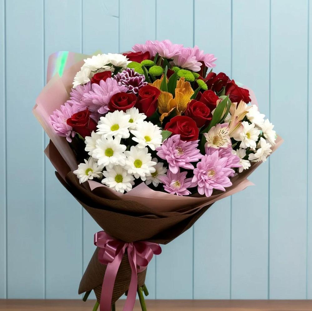 Букет цветов из: Розы, Хризантемы и Альстромерии в Нефедово